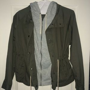 Green Utility Jacket with Grey Hoodie attached